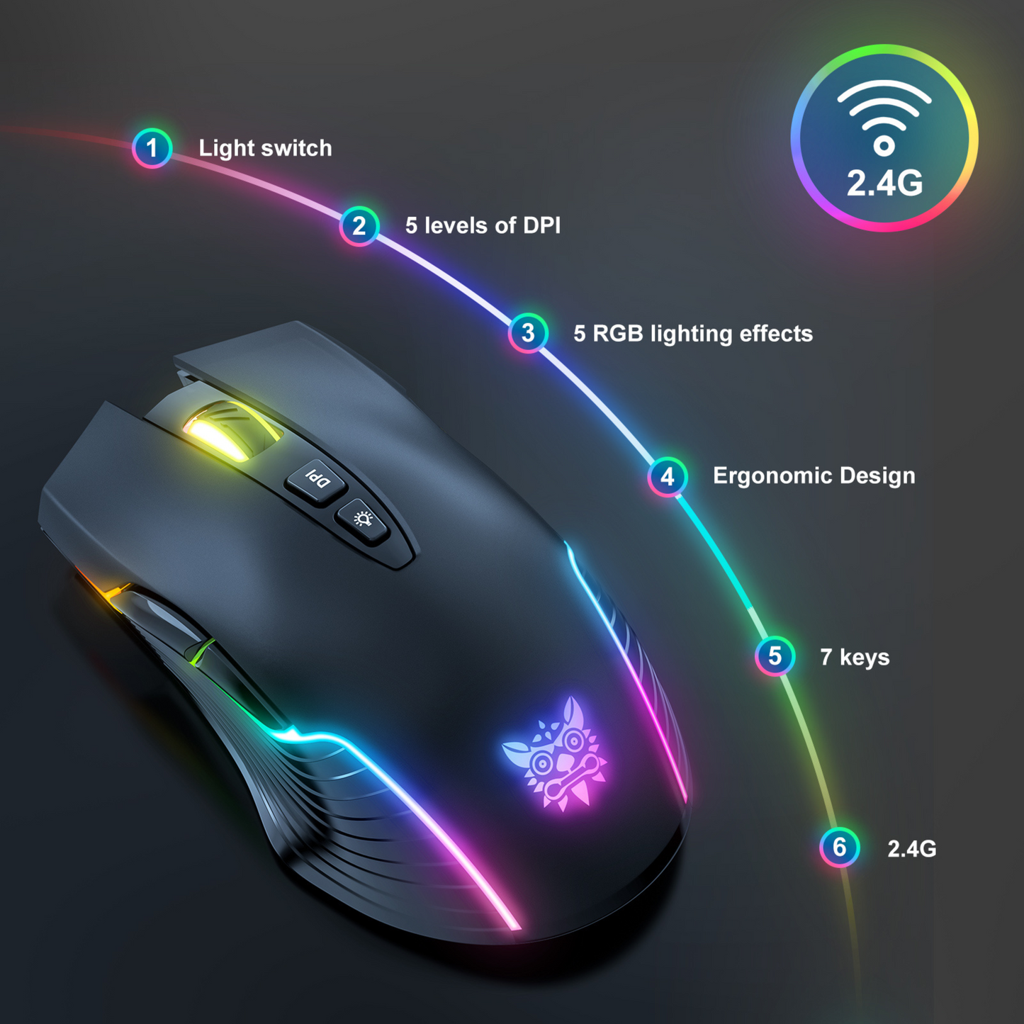 Ratón Gamer Inalámbrico 2.4GHz | RGB, 7 Botones, DPI Ajustable